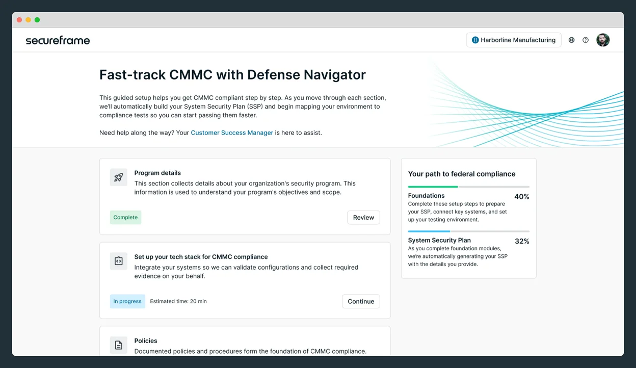 Secureframe Defense Navigator in a sample workspace, with a guided CMMC setup, a path to federal compliance panel and SSP progress