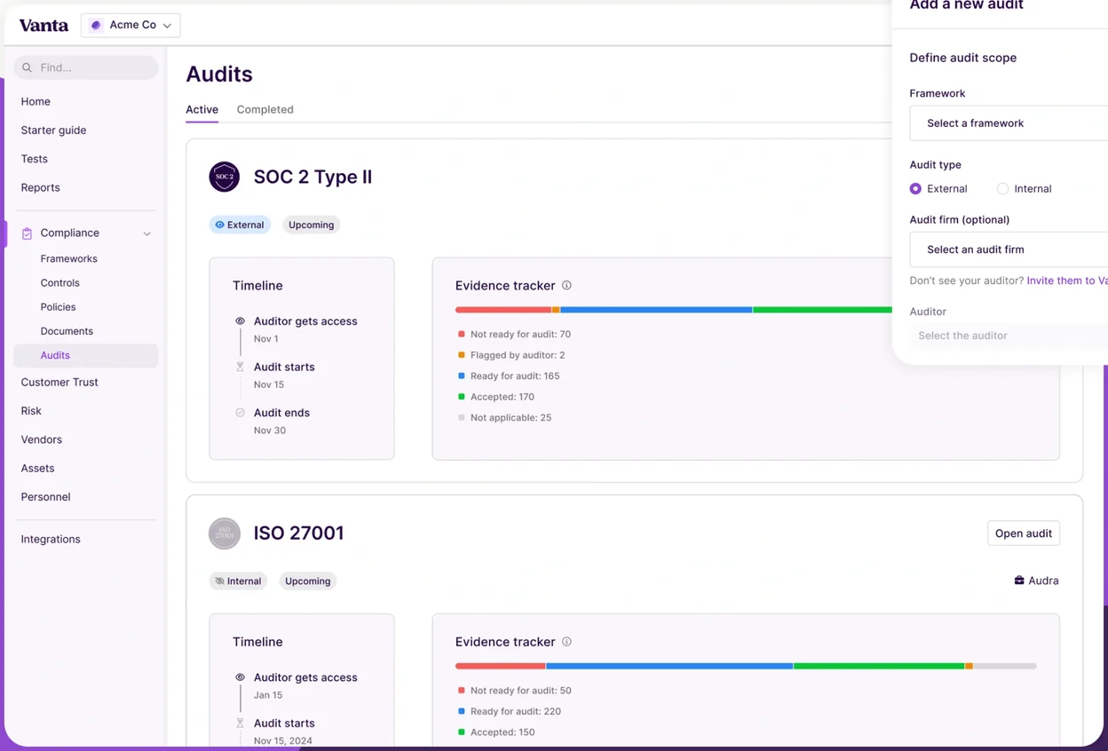 Vanta audits view with a SOC 2 Type II audit card showing an auditor access date, audit start and end dates and an evidence tracker bar