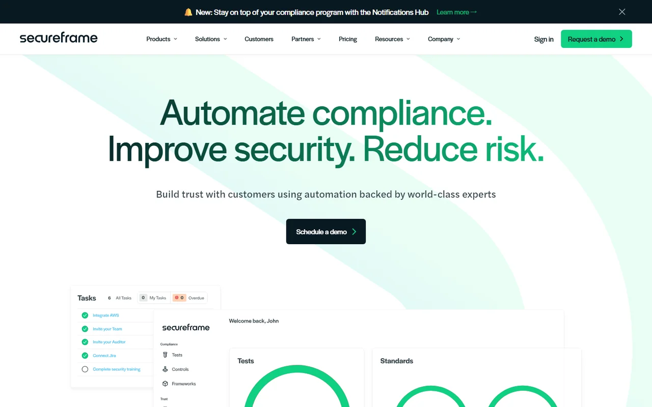 Secureframe homepage showing compliance automation platform with Tasks panel, Tests and Standards dashboards