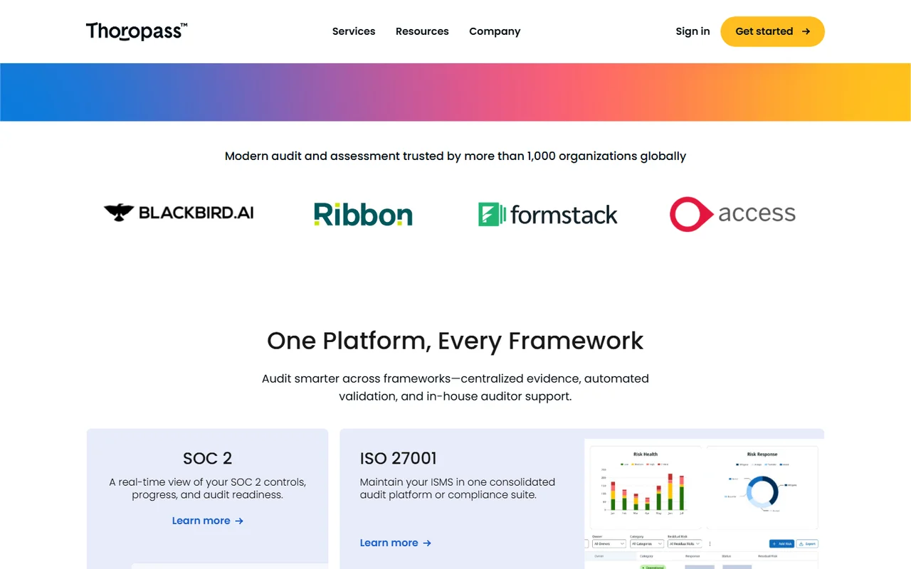 Thoropass homepage showing One Platform Every Framework section with Risk Health and Risk Response dashboards alongside SOC 2 and ISO 27001 framework cards