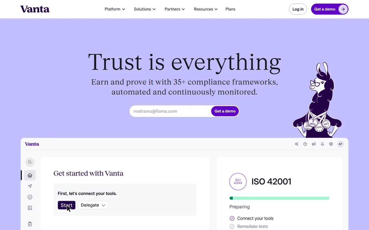Vanta homepage showing compliance automation dashboard with ISO 42001 framework setup and control monitoring